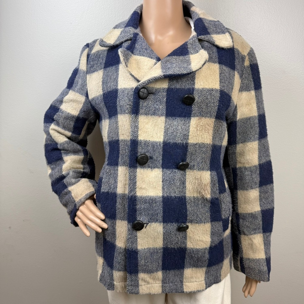 Vtg Weathercaster Buffalo Plaid Double Breasted Jacket Blue Cream Coat Womens XL